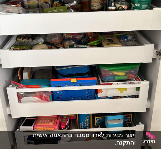ארון עם מדפים מלאים במזון וצעצועים